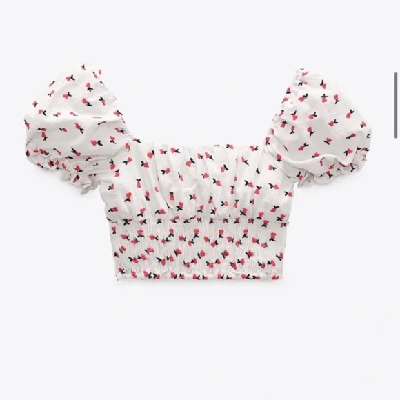 Zara | Embroidered Cherry Print Puff Sleeve Milkmaid Crop Top M - Picture 4 of 8